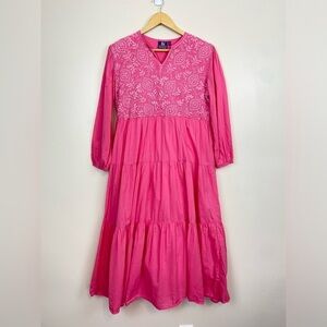 MADISON MATHEWS BOHEMIAN PINK EMBROIDERED TIERED MIDI DRESS SIZE LARGE COTTON